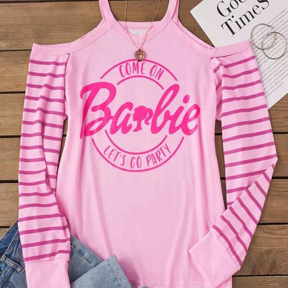 Barbie Come On Let's Go Party Pink Cold Shoulder Knit Top & Earrings Womens Size - Picture 4 of 14